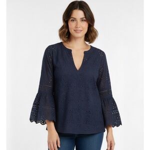 IZOD Women's Eyelet Embroidery Hemstitch Blouse, Women’s SP, Navy Blue